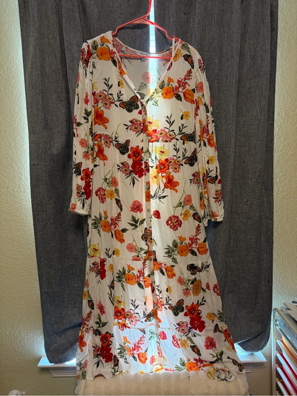 White Floral Button-Front Maxi Dress with Orange & Red Flowers